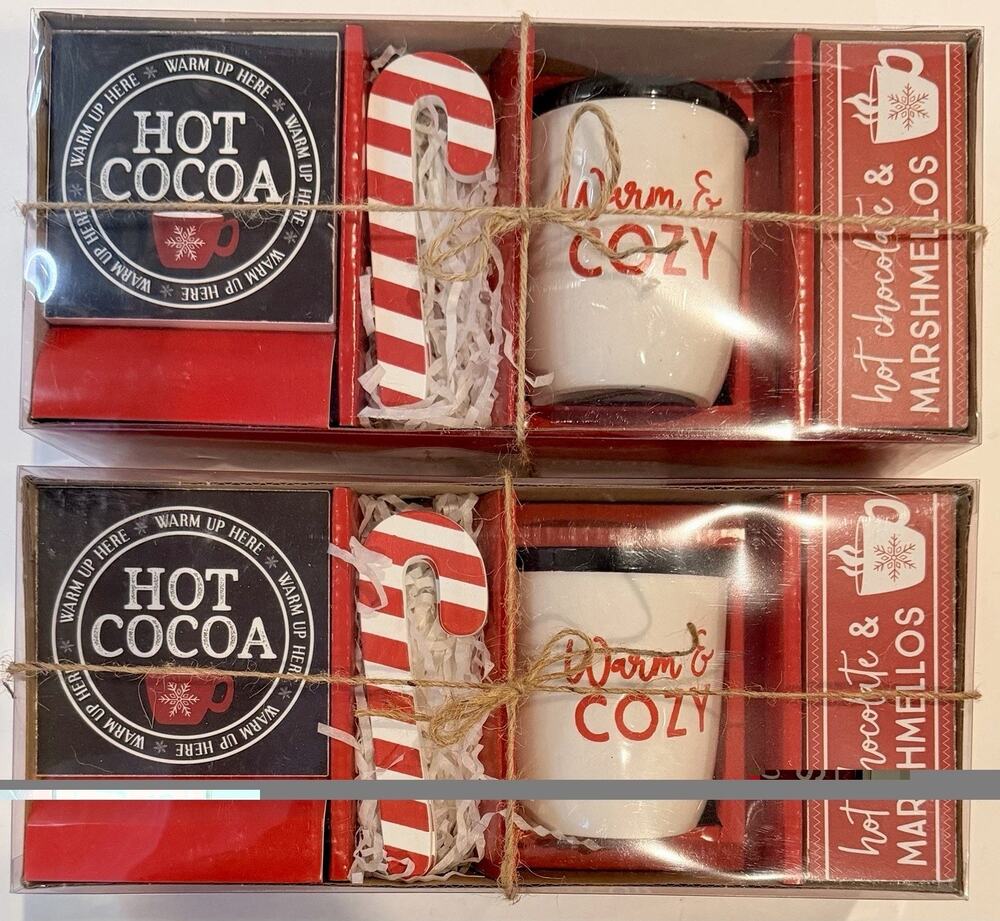 2 Hot Cocoa Christmas Decor Sets Warm & Cozy Mug & Candy Cane Holiday Time NEW